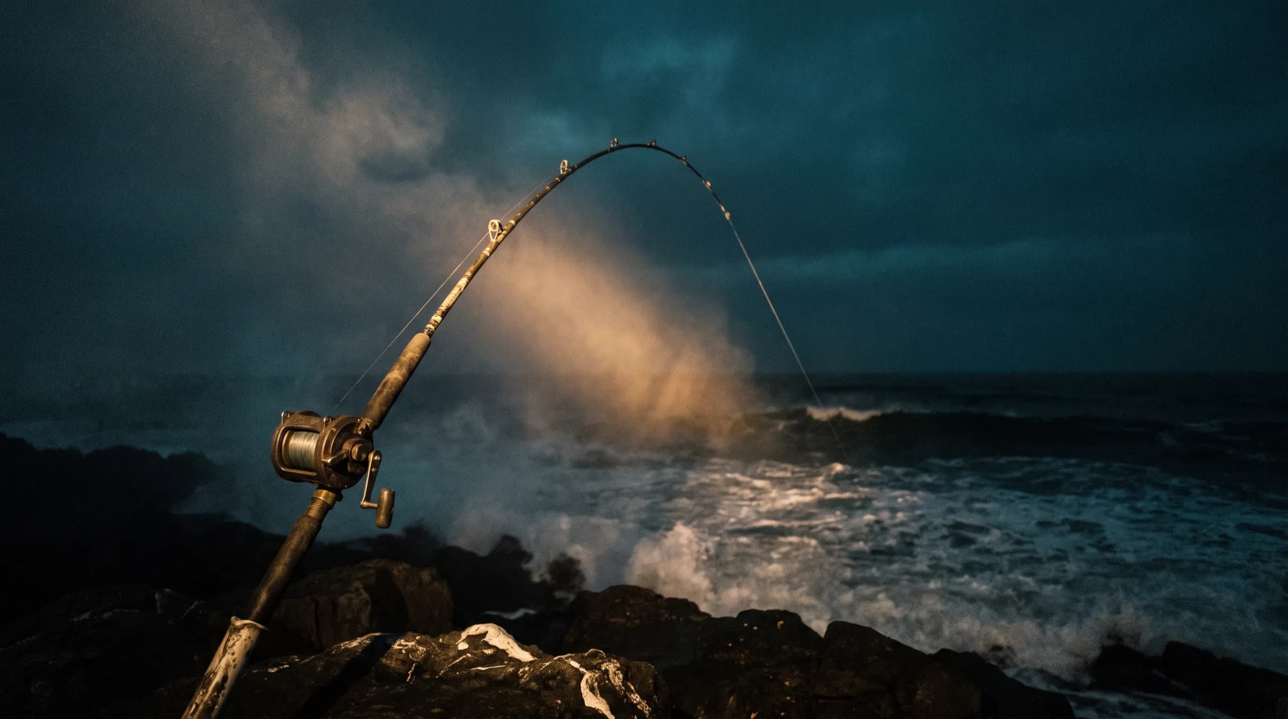 Rod bent against night sky, spotlight on first guide